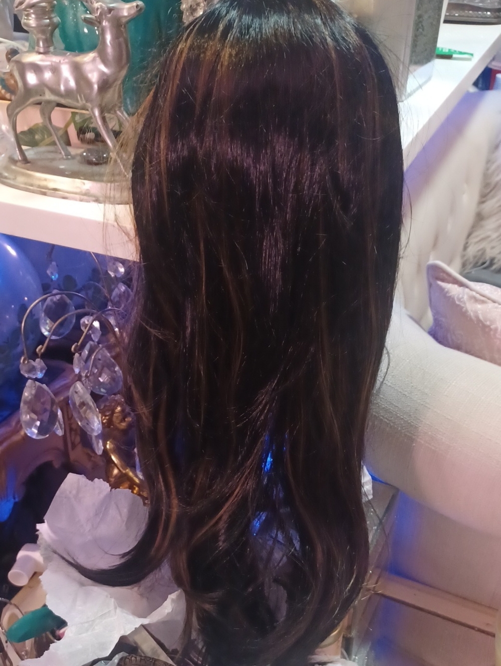 Black with Golden Highlights Bangs 24 Inch Skin Top Synthetic Wig